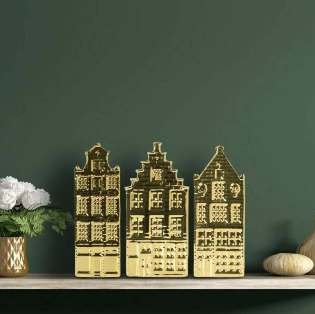 Three Gold Ceramic Tealight Dutch Houses, 1 of 5