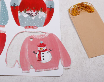 12 Christmas Gift Tags With Cute Christmas Jumper Design And Gold Twine, 4 of 4