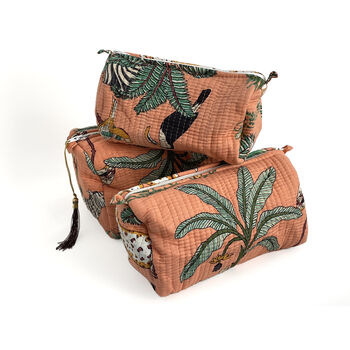 Jungle Print Cotton Washbag, Make Up Bag, With Waterproof Lining Set Of Three Peach, 7 of 7