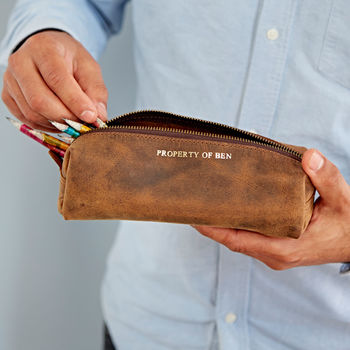 Personalised Message Buffalo Leather Square Pencil Case, 2 of 8