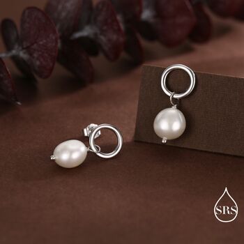 Sterling Silver Circle With Dangling Baroque Pearl Drop Stud Earrings, 4 of 12