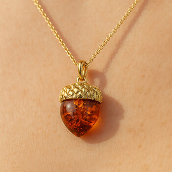 Personalised Gold Plated Sterling Silver Baltic Amber Acorn Necklace, 2 of 11