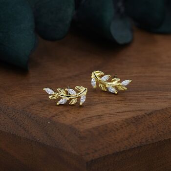 Sterling Silver Sparkly Leaf Cz Stud Earrings, 5 of 12