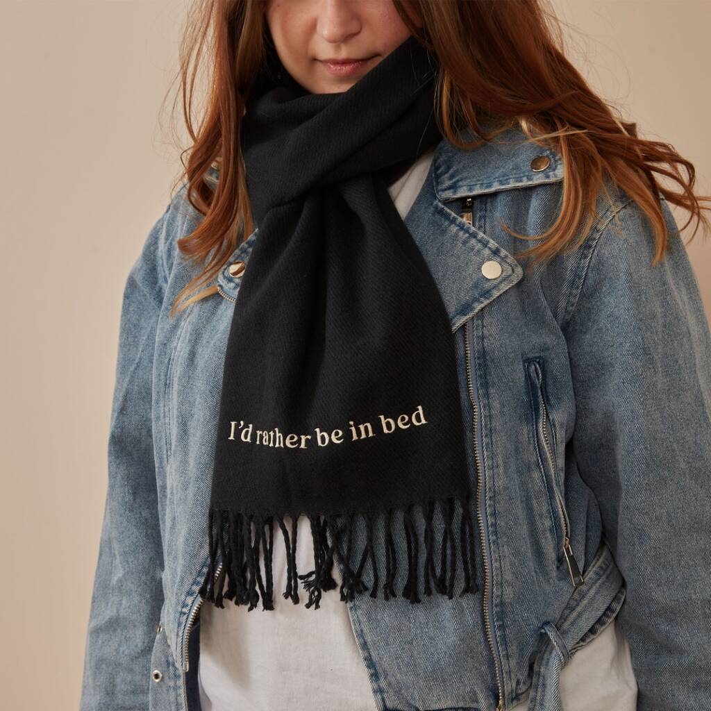 Personalised Navy Tassled Scarf With Customisable Slogan, 1 of 4