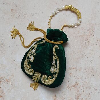 Jhanvi Potli Bag – Emerald Green Velvet, 3 of 4