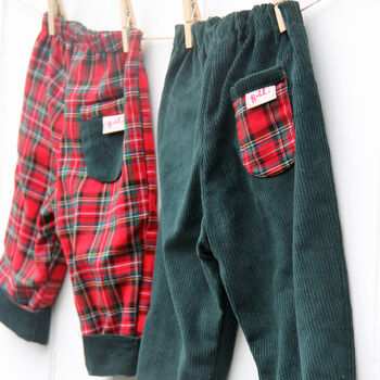 Reversible Baby Kids Red Tartan Cord Trousers, 4 of 7