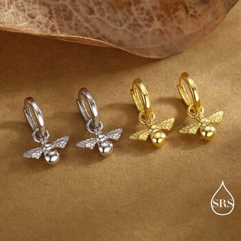 Sterling Silver Dangling Bee Hoop Earrings, 6 of 11