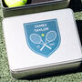 Personalised Tennis Shield Tin With Hip Flask Gift For Him, thumbnail 6 of 8