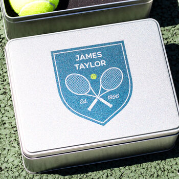 Personalised Tennis Shield Tin With Hip Flask Gift For Him, 6 of 8