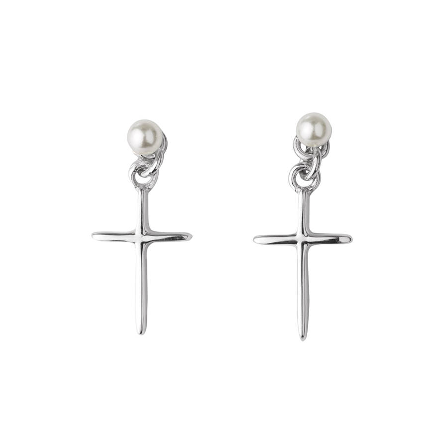 Silver Cross Earrings With White Pearl By Hersey Silversmiths Silver Cross Earrings With White Pearl