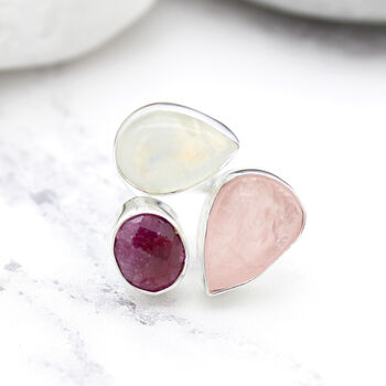 Ruby, Moonstone And Rose Quartz Adjustable Silver Ring, 5 of 7
