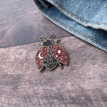 Mystical Ladybird, Ladybug Bettle Enamel Pin, Celestial Moon And Star, 4 of 4