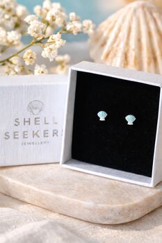 Sterling Silver And Blue Enamel Seashell Stud Earrings, 2 of 6