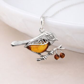 Personalised Sterling Silver Baltic Amber Robin Pendant Necklace, 5 of 12
