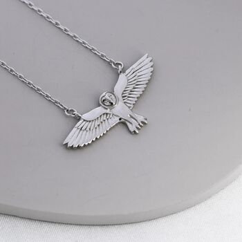 Flying Barn Owl Pendant Necklace In Sterling Silver, 4 of 10