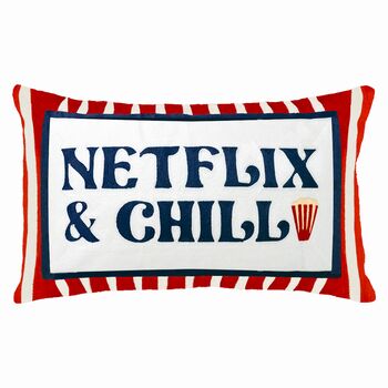 Netflix And Chill Needlepoint Cushion, Hand Embroidered Slogan Cushion, 2 of 3