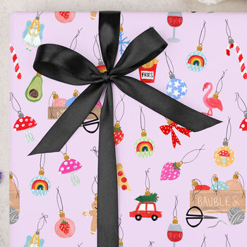 Three Sheets Lilac Christmas Decorations Wrapping Paper, 2 of 2