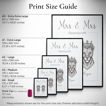 Personalised Mrs And Mrs Print Royal Lioness Portraits Lion Wall Art, 6 of 7