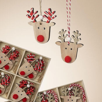 Wooden Christmas Reindeer Hanging Tree Decorations Set Of 12, 3 of 4