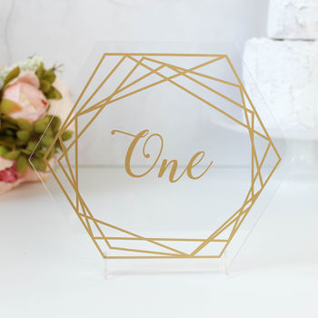 Gold Wedding Table Number On Clear Acrylic Hexagons, 6 of 7