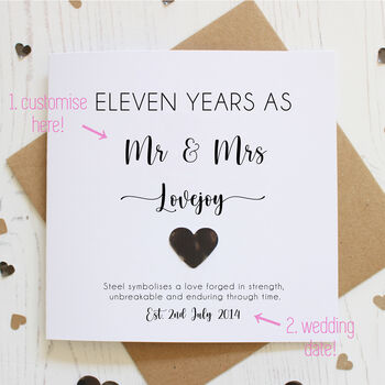Personalised 11th Wedding Anniversary Card With Steel Heart, 4 of 8