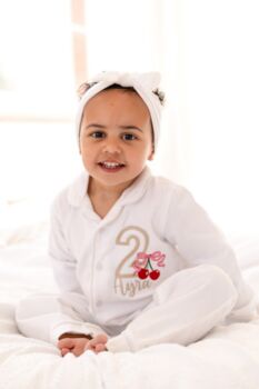 Cherry Birthday Embroidered Personalised Pyjamas Choice Of Ages Available, 2 of 9