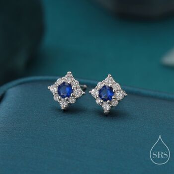 Sterling Silver Tiny Sapphire Blue Cz Halo Stud Earrings, 2 of 12