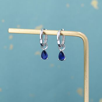 Sterling Silver Sapphire Blue Cz Droplet Hoop Earrings, 4 of 12