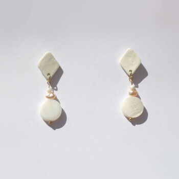 White Porcelain Diamond Shape Earrings With Pearls, 2 of 3