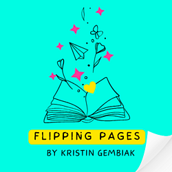 Logo which shows an open book and a yellow heart and some flowers and a butterfly are flying out of the open book. Under the book it says Flipping Pages