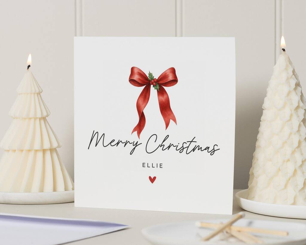 Personalised Red Bow Christmas Card With Name, 1 of 7