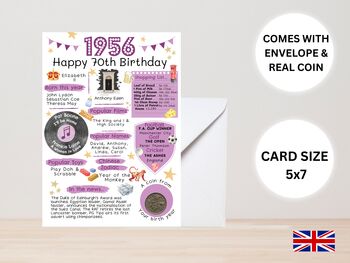 70th Birthday Card With 1956 Coin And Envelope Choose Your Colour, 2 of 3