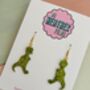 Green T Rex Dinosaur Glitter Resin Earrings / Dinosaur Lover Gift / Prehistoric Statement Jewellery / Cute Accessories, thumbnail 2 of 5