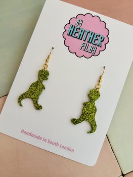Green T Rex Dinosaur Glitter Resin Earrings / Dinosaur Lover Gift / Prehistoric Statement Jewellery / Cute Accessories, 2 of 5