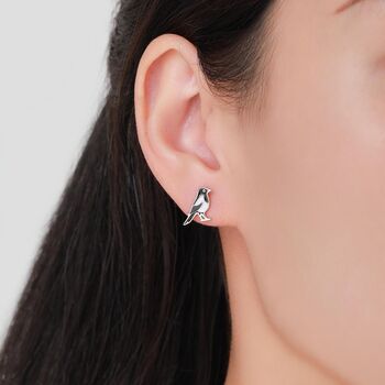 Sterling Silver Very Small Sterling Silver Magpie Bird Stud Earrings, 4 of 11