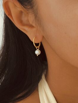 Natural Pearl Sterling Silver Twisted Huggie Hoop Earrings, 4 of 7