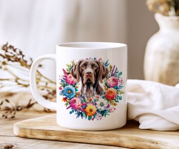 Personalised Liver And Black Shorthaired Pointer Summer Floral Dog Wreath Cushion And Mug Bundle, 3 of 4