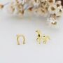 Sterling Silver Mismatched Running Horse And Horseshoe Stud Earrings, thumbnail 6 of 12