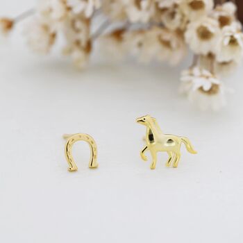 Sterling Silver Mismatched Running Horse And Horseshoe Stud Earrings, 6 of 12