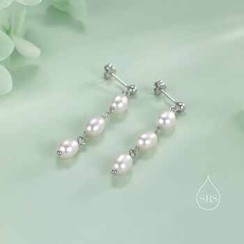 Sterling Silver Genuine Freshwater Pearl Trio Drop Earrings, 3 of 11