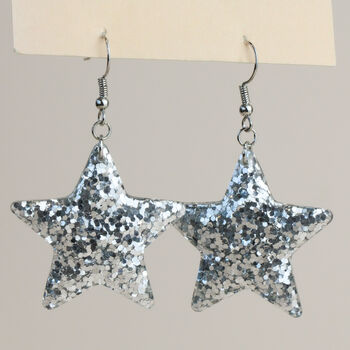 Lightweight Shiny Silver Glitter Star Drop Dangle Earrings For Christmas, 2 of 3