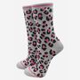 Women's Leopard Print Bamboo Socks Grey Pink, thumbnail 3 of 4