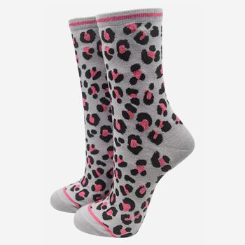Women's Leopard Print Bamboo Socks Grey Pink, 3 of 4