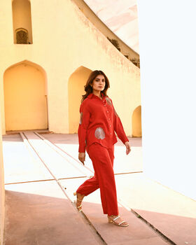 Diyu Sequin Embroidered Red Co Ord Set, 3 of 4