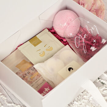 Personalised Stemless Glass Relaxing Pink Treat Gift Box Hamper, 5 of 10