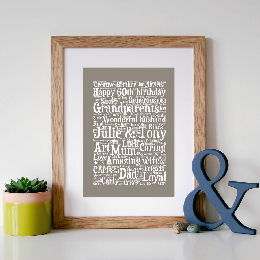 personalised 60th birthday gift word art print by hope & love ...