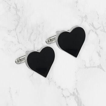 Heart Shaped Enamel Cufflinks In Black And Silver, 2 of 2