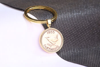1955 70th Birthday Farthing Coin Keyring Gift, 2 of 5