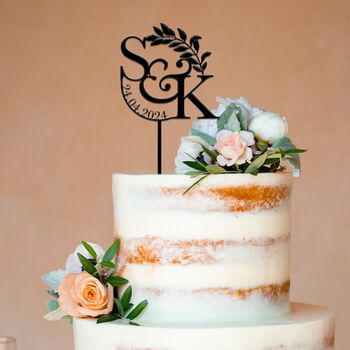 Wooden Wedding Or Engagement Cake Topper With A Date, 5 of 5