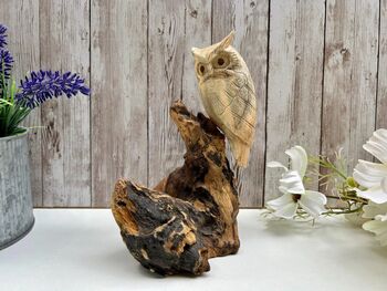 Wooden Owl Ornament Driftwood Sculpture Tawny Owl Gift, 6 of 8